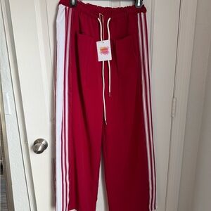 Women’s Stylish Red Track Pants with White Stripes NWT
